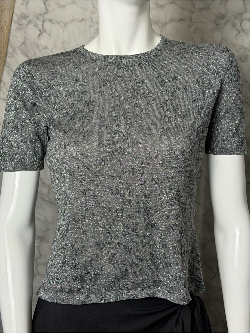 Silk Blend Sparkle Silver Bamboo Pattern Blouse Top Metallic Glam 6P XS Petite